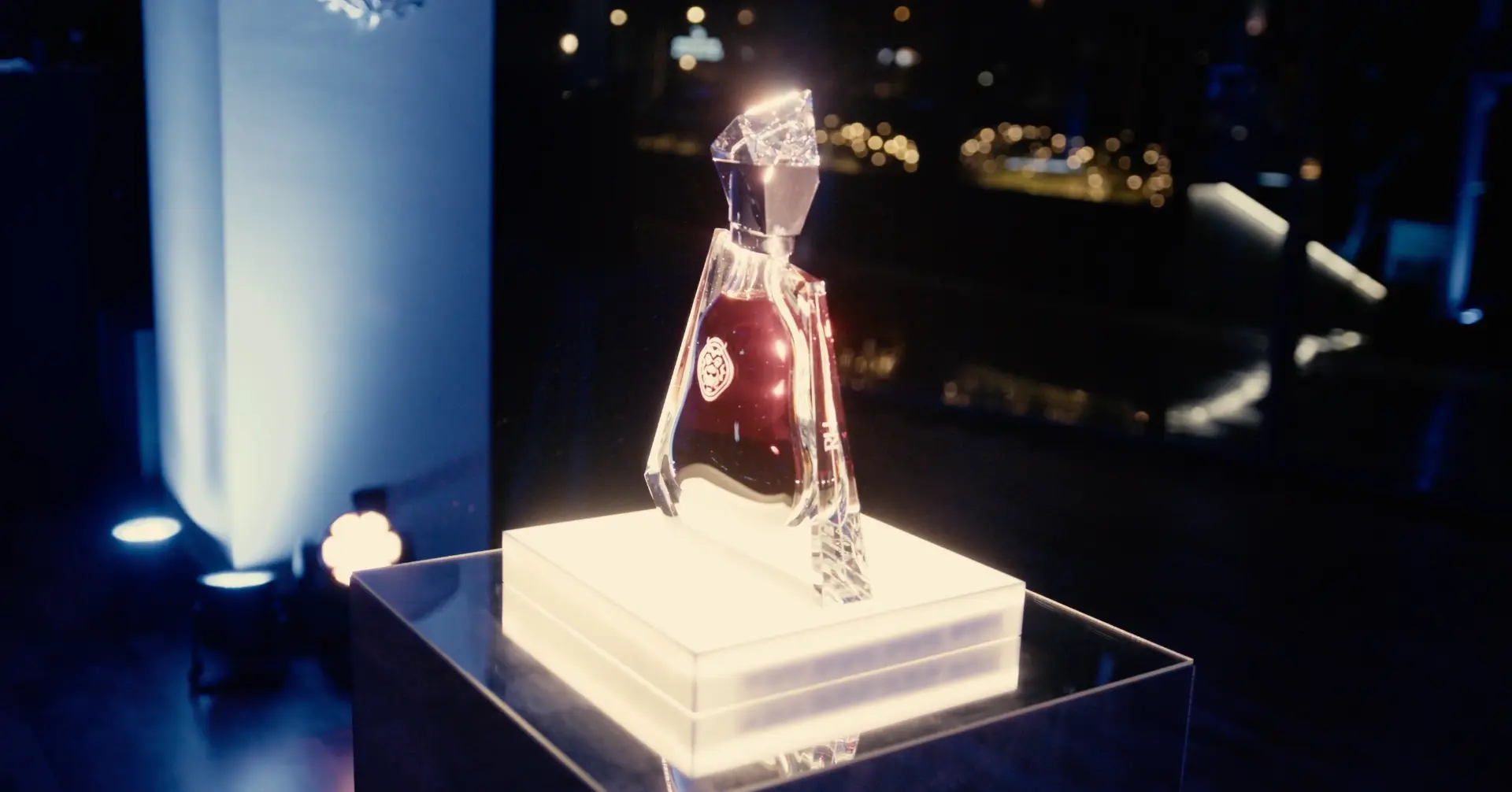 Richard Hennessy crystal decanter in blue event light