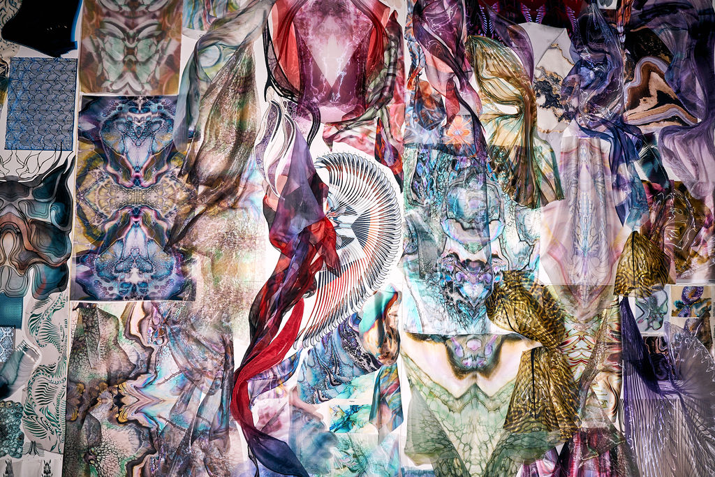 Wall of printed textiles and layered fabric samples