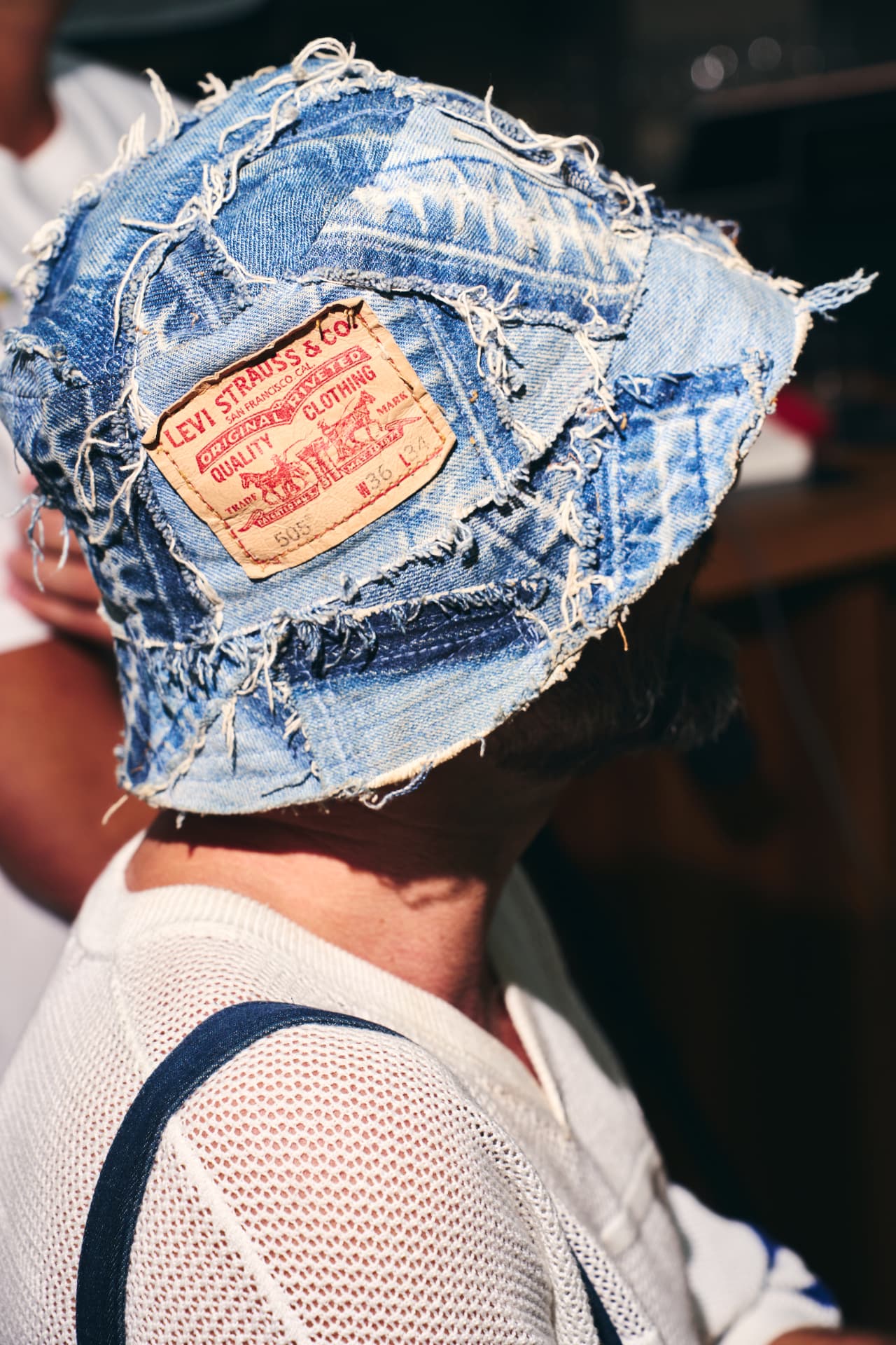 Patchwork denim bucket hat with a vintage Levi Strauss & Co. leather label