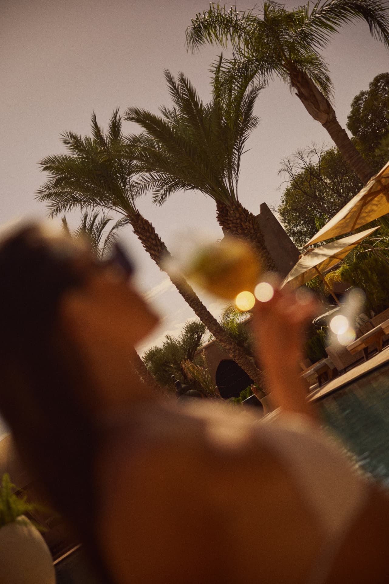 Guest sipping a drink beneath the palms