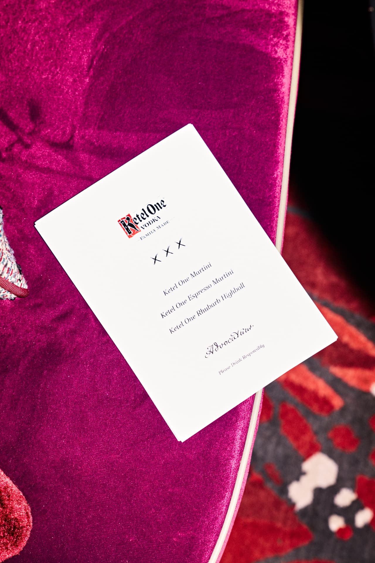 Ketel One menu on a velvet chair